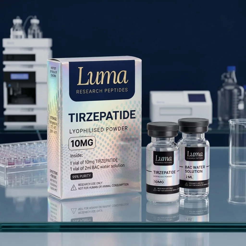 Luma branded research packaging on a dark laboratory bench