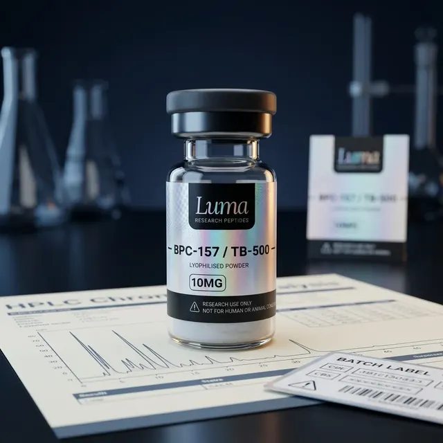 BPC-157 and TB-500 vial with product documentation and report sheet